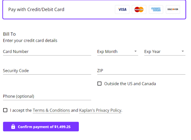 Payment Credentials - Kaplan Discount Code