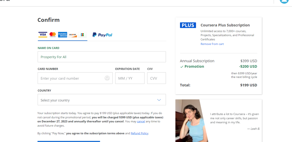 Coursera Checkout Page With Discount